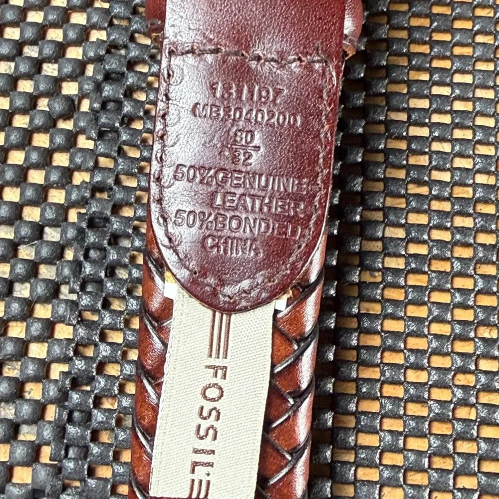 Fossil Braided Woven Belt Mens 32 Brown Leather Brass Buckle Casual Classic